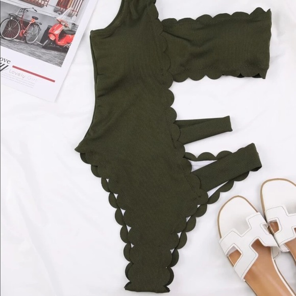 Army Green One Piece Cut Out Swimsuit - Picture 3 of 6